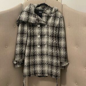 Buckle Black & Grey Metallic Plaid Check Long Sleeve Belted Pes Coat w Hoodie